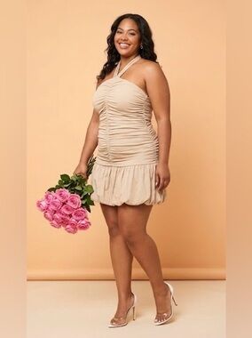 Chic Tan Ruched Mini Dress